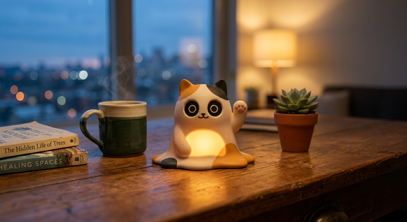 Migato 放在書桌上，肚子發出暖光